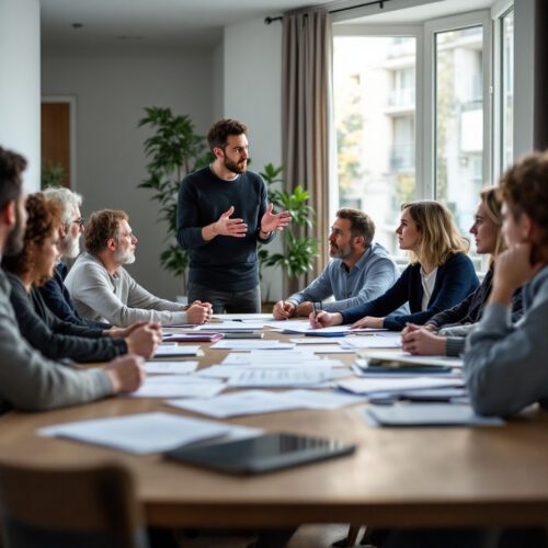 Wohnungseigentümer diskutieren hitzig während einer Eigentümerversammlung über Hausgeld