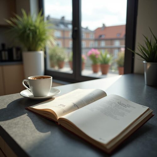 Mietspiegel 2023 neben Kaffeetasse in moderner Küche mit Blick auf Dachterrasse und Berliner Dächer.