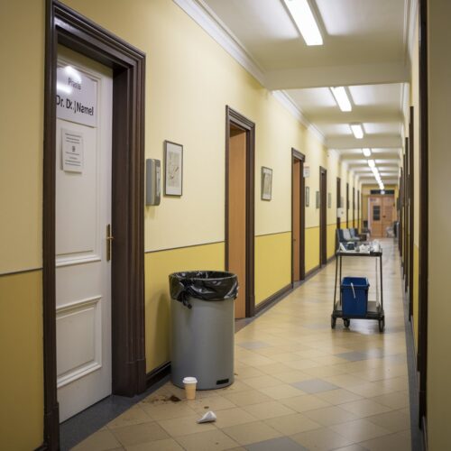 Flur eines Ärztehauses mit Müllbehälter, verstreutem Kaffeebecher und Arztpraxis-Tür ohne Personen.