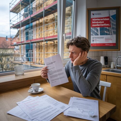 Mieter am Küchentisch mit Modernisierungsankündigung, frustriert, umgeben von Dokumenten und einer Kaffeetasse.