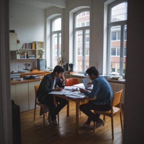 Zwei indische Studenten sitzen an einem Tisch in einer Berliner Wohnung, um Mietunterlagen zu überprüfen.