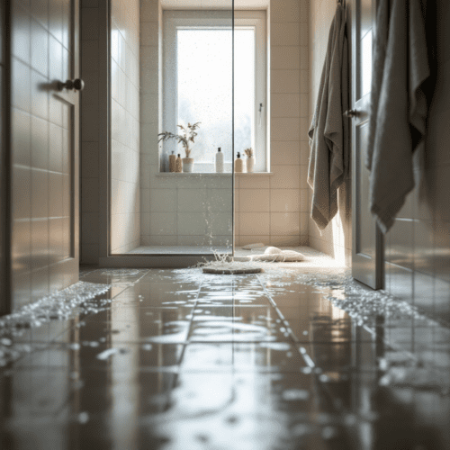 Wasser läuft aus einer offenen Duschkabine auf einen hellen Badezimmerboden.