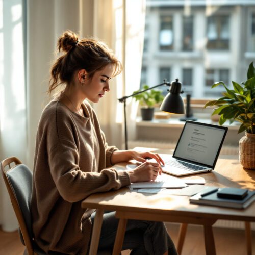 Mieterin prüft Betriebskostenabrechnung am Laptop und tätigt eine Online-Überweisung in ihrer Wohnung.