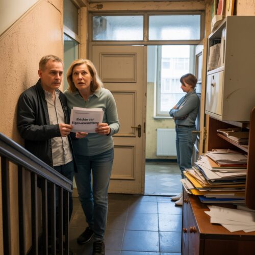 Zwei Personen vor einer Wohnungstür im Treppenhaus, prüfen Briefe und Chats, Frau zeigt Ablehnung