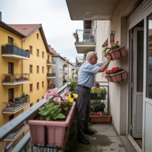 Ein älterer Mann befestigt konzentriert einen Blumenkasten an seinem Balkon, eine Tätigkeit, die in Wohnungseigentümergemeinschaften oft Gegenstand von WEG-Beschlüssen und Haftungsfragen ist.