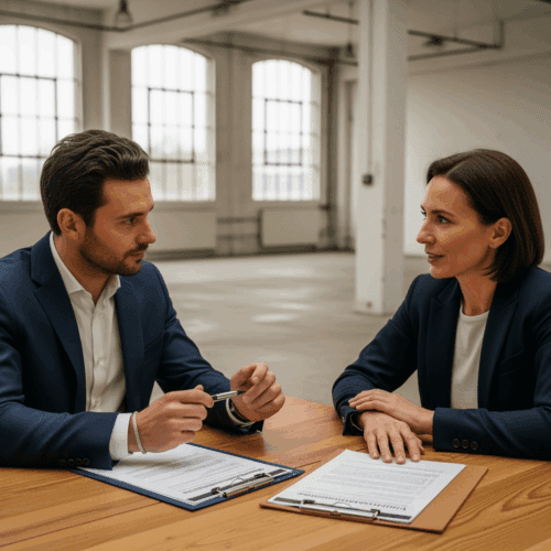 Zwei Personen diskutieren über die Kündigung eines Gewerbemietvertrags bei Insolvenz an einem Tisch.