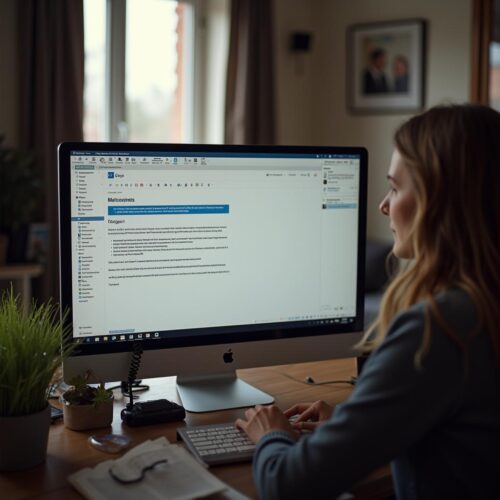 Frau erarbeitet Umlaufverfahren zur Änderung eines Wohnungseigentümerbeschlusses an einem Computer im Büro.