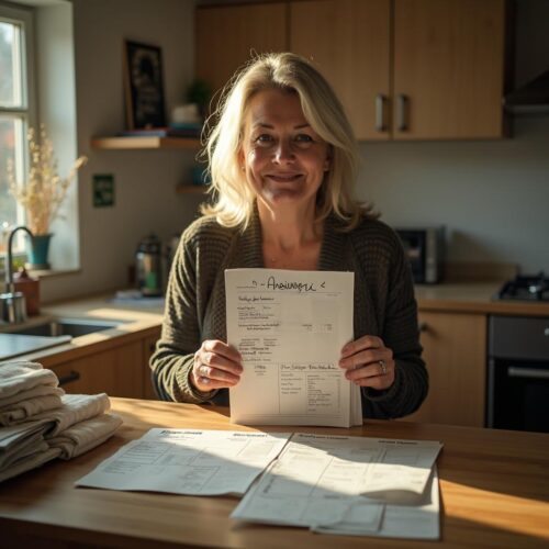 Eine Berliner Vermieterin hält lächelnd das Schriftstück ihrer Klageabweisung hoch, die sie statt der erhofften Mieterhöhung mit Anwaltskosten belastet.