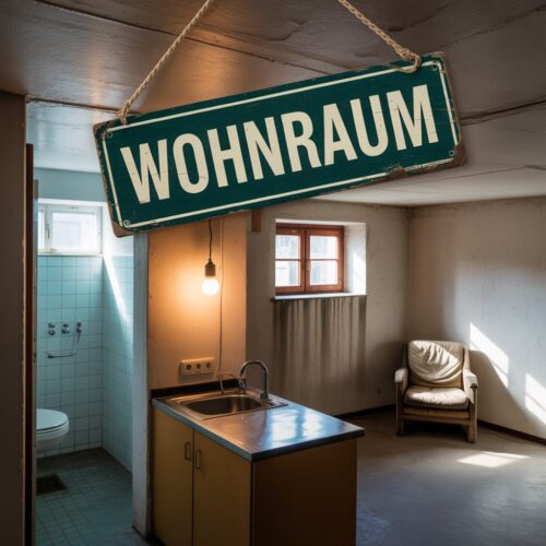 Eine offene Wohnküche mit dem prominenten Schild „WOHNRAUM“ veranschaulicht den Kernkonflikt einer Räumungsklage, bei der die unerwartete Nutzung eines Kellers als dritte Wohnung die Kündigung der Vermieterin scheitern ließ.