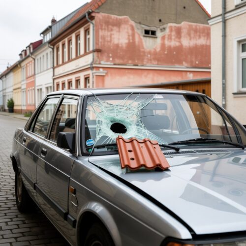 Ein auf der Motorhaube liegender Dachziegel hat die Windschutzscheibe eines silbernen Autos zersplittert. Der sichtbare Schaden wirft Fragen nach der Haftung der Hausverwaltung auf.