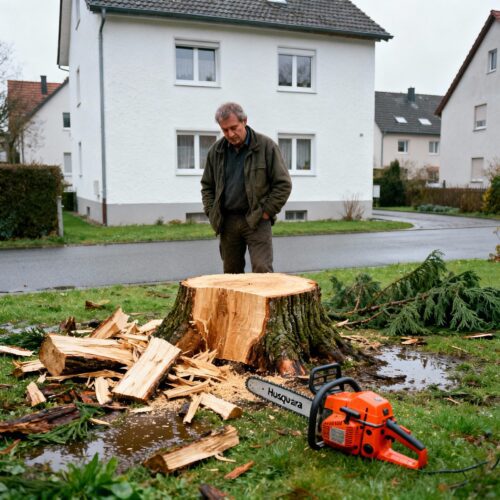 Der Miteigentümer blickt auf den massiven Zypressenstumpf im Vorgarten, neben dem eine orange Kettensäge liegt.