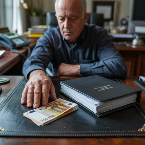 Die Hand eines Miteigentümers legt einen Stapel Geldscheine (Miete) bewusst abseits von offiziellen Eigentumsdokumenten auf den Schreibtisch.