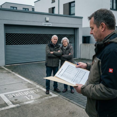Der Verwalter präsentiert einem skeptischen Paar vor dem neuen Tiefgaragentor und ihrem leeren Außenstellplatz die detaillierte Kostenaufstellung.