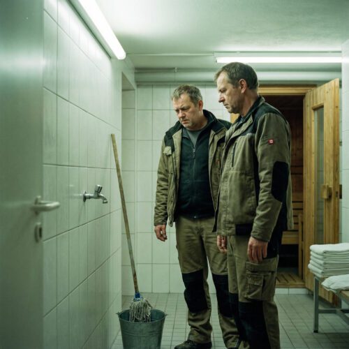 Ein winziger Kaltwasser-Putzhahn ragt aus der gefliesten Duschwand, beobachtet von ungläubigen Wohnungseigentümern.