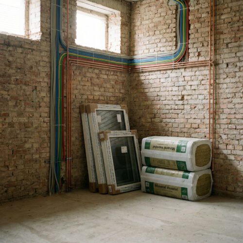 Neu verlegte bunte Kabelstränge und glänzende Rohrleitungen auf dem rohen Mauerwerk einer entkernten Altbauwohnung.