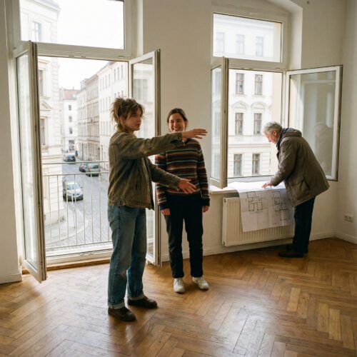 In einer hellen Parkettwohnung markiert eine junge Frau mit ausladender Geste ihren Bereich neben ihrer Freundin.