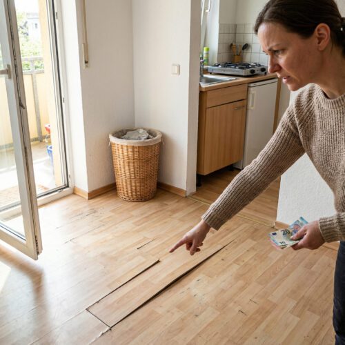 Eine Frau zeigt fordernd auf eine Fuge im Kunststoffboden und hält dabei Geldscheine in der Hand.