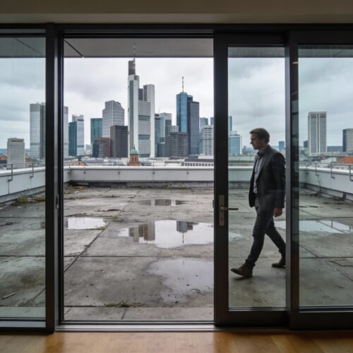 Große Pfützen auf dem nackten Beton einer trostlosen Dachterrasse, gesehen durch die Glastür eines Penthouses.