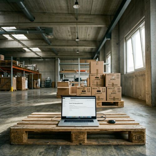 Laptop auf einer Holzpalette zeigt die E-Mail-Betreffzeile Kündigung Mietvertrag in einer kühlen Industriehalle.