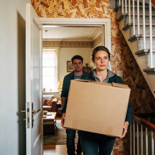 Eine Frau trägt geschäftig einen Umzugskarton aus der Wohnung, während ein Mann im Hintergrund zurückbleibt.