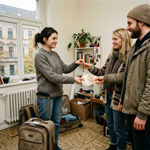 Eine Frau erhält in einer kargen Wohnung geschäftsmäßig ein dickes Geldbündel gegen einen Wohnungsschlüssel.