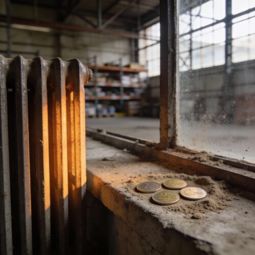 Ein rot glühender Industrie-Heizkörper neben einem kleinen, dick verstaubten Stapel Münzen auf einem Fenstersims.