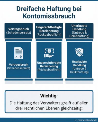 Infografik: Die dreifache Haftung von Hausverwaltern bei Kontomissbrauch. Dargestellt sind drei rechtliche Säulen: Vertragsbruch, ungerechtfertigte Bereicherung und unerlaubte Handlung. Eine Box weist darauf hin, dass die Haftung auf allen drei Ebenen gleichzeitig greift.