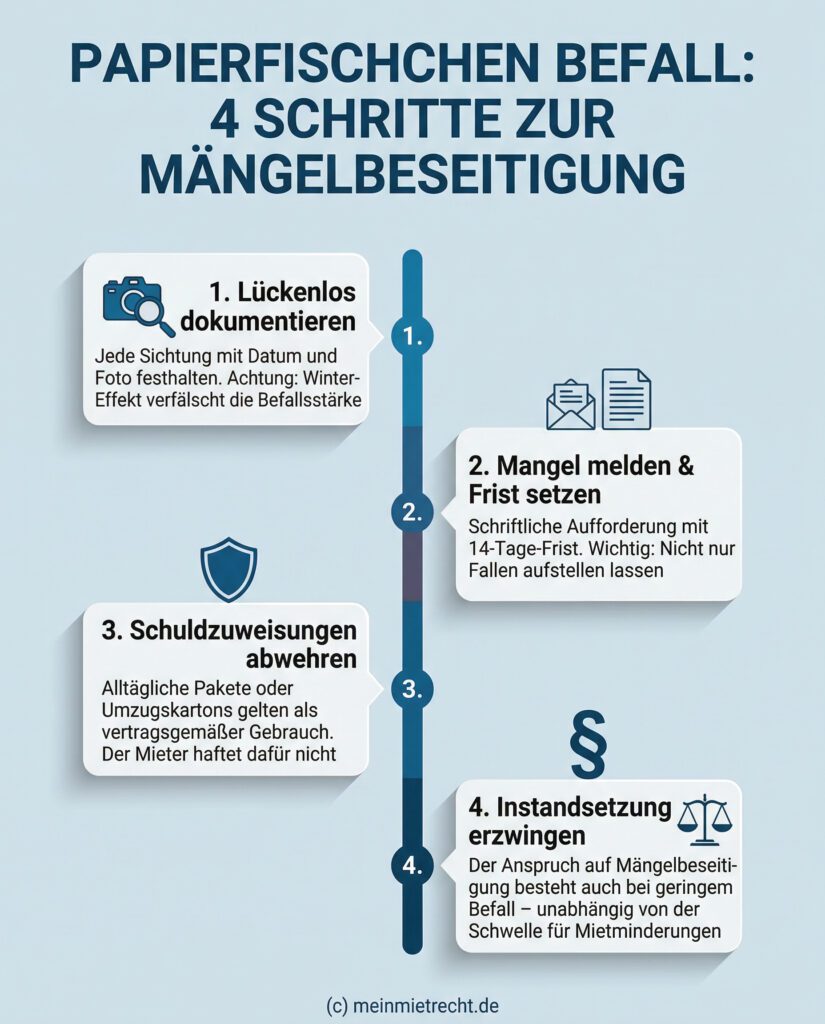 Infografik: Schritt-für-Schritt: So setzen Mieter ihren Anspruch auf Mängelbeseitigung erfolgreich durch.