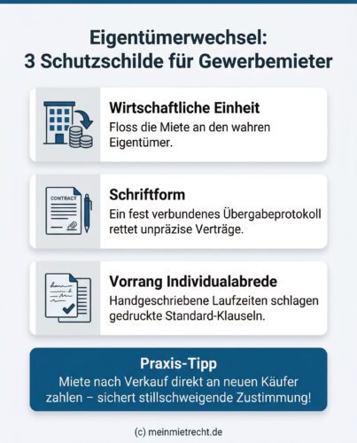 Infografik: Drei rechtliche Schutzschilde für Gewerbemieter bei einem Eigentümerwechsel. 1. Wirtschaftliche Einheit bindet den Käufer. 2. Ein fest verbundenes Übergabeprotokoll heilt Formfehler. 3. Handgeschriebenes hat Vorrang vor Standard-Formularen. Ein Praxis-Tipp rät zur unaufgeforderten Mietzahlung an den neuen Käufer.