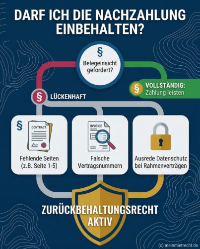 Infografik zum Zurückbehaltungsrecht: Wann Mieter die Nebenkosten-Nachzahlung bei fehlenden Belegen stoppen dürfen.