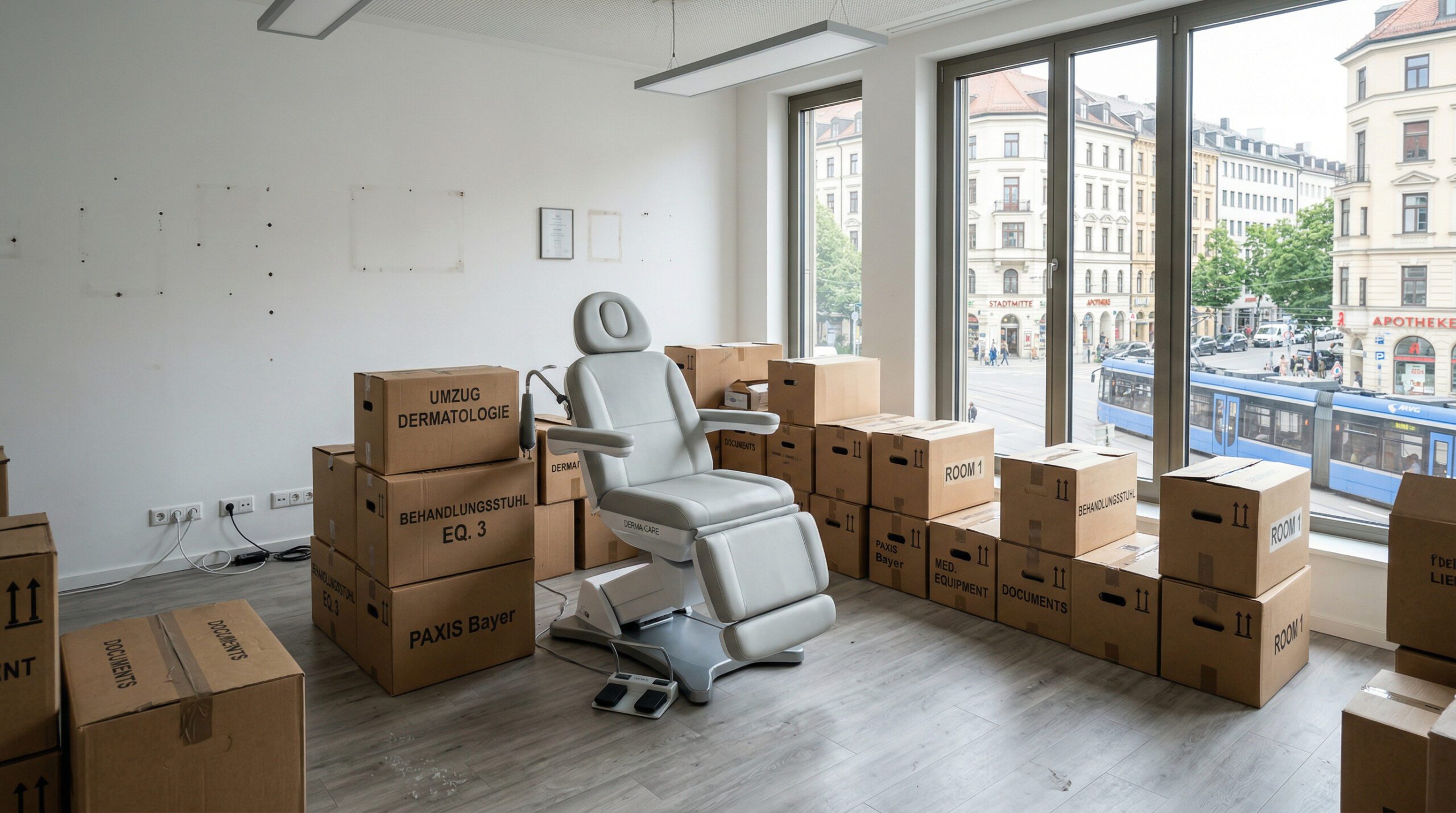 Medizinischer Behandlungsstuhl steht zwischen Umzugskartons in einer hellen, geräumten Arztpraxis mit leeren Regalen.