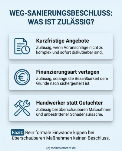Infografik: Drei Praxis-Regeln zur Gültigkeit von WEG-Sanierungsbeschlüssen bei Angeboten, Finanzierung und Gutachtern.