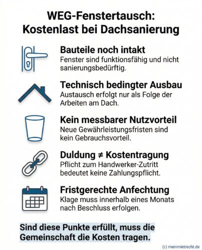 Infografik: Ein Fenstertausch auf Kosten einzelner Eigentümer ist rechtswidrig, wenn dieser nur technisch durch die Dachsanierung bedingt ist und die Fenster noch intakt sind.