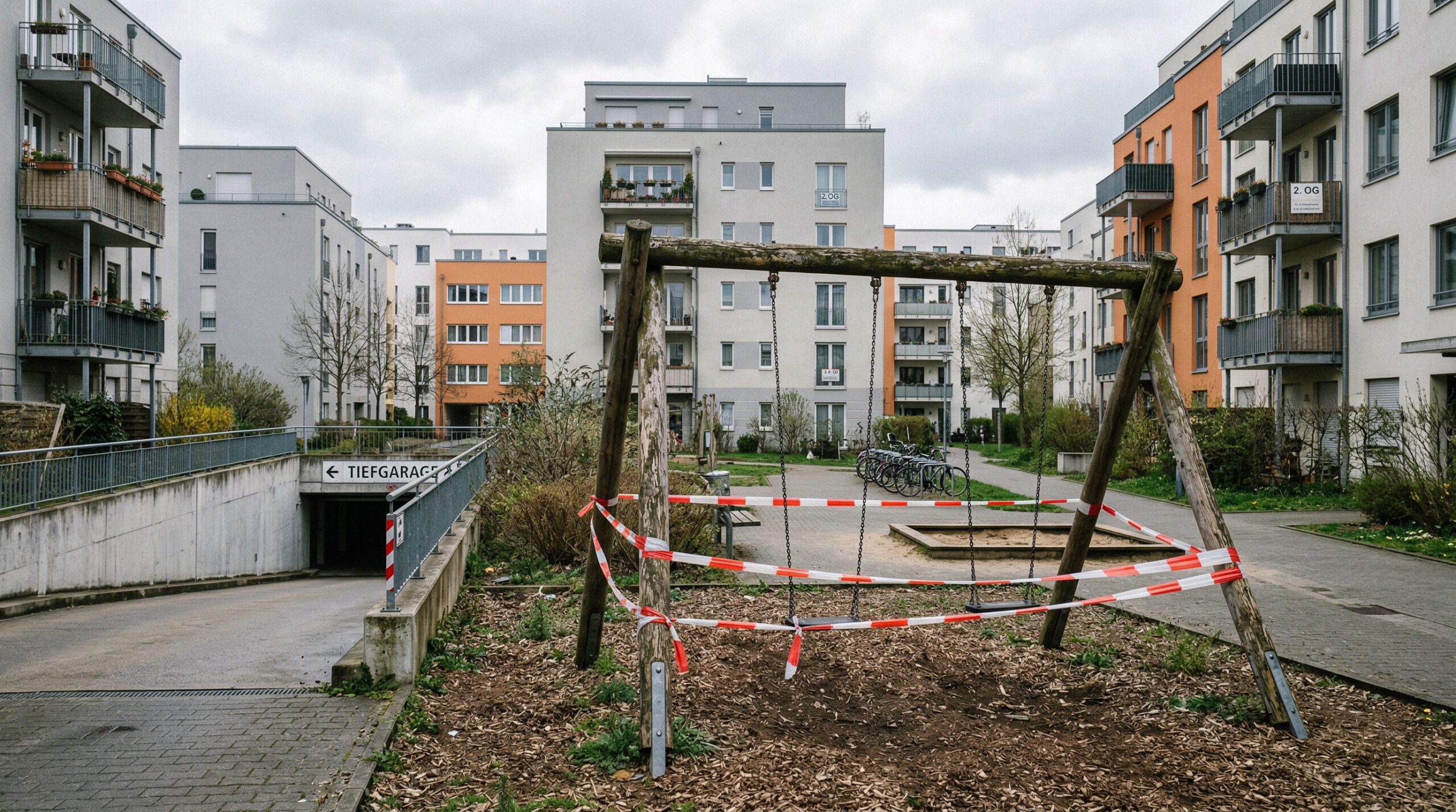 Abgesperrter, sanierungsbedürftiger Spielplatz mit Flatterband vor Wohnblöcken und einer Tiefgarageneinfahrt.