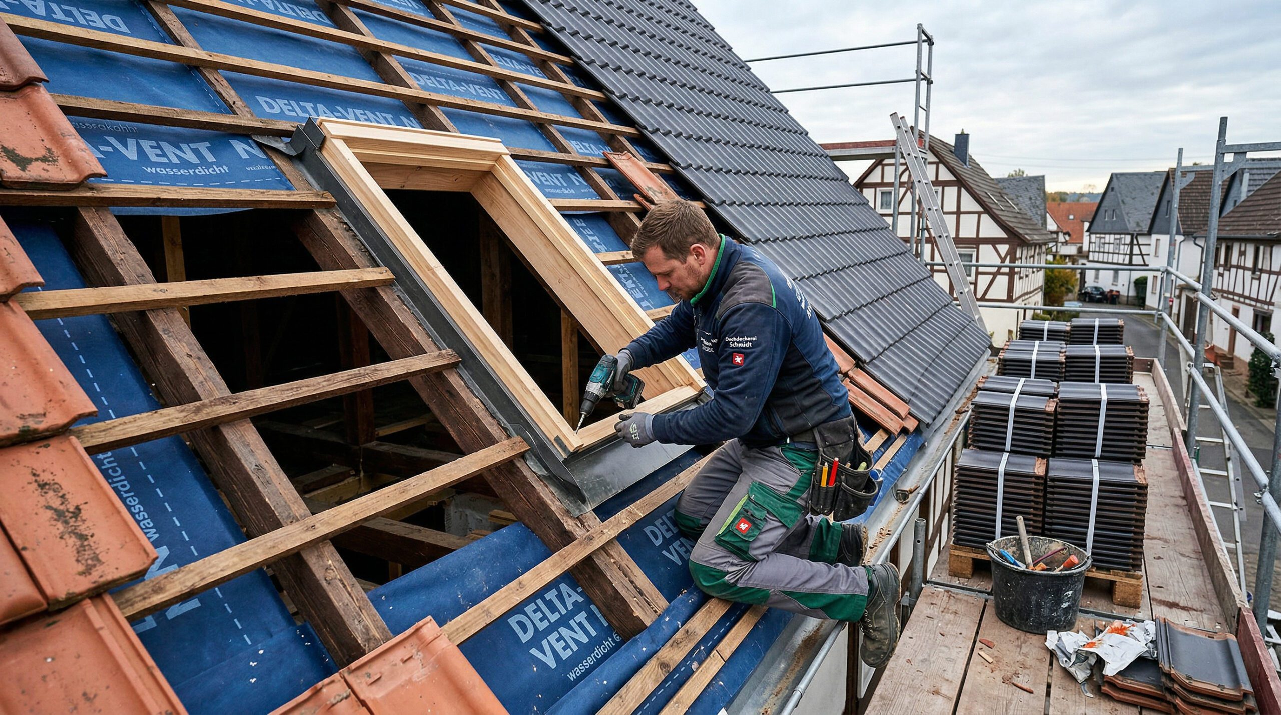 Handwerker arbeitet an einem Dachfenster auf einer Baustelle mit freigelegten Holzbalken und neuen Ziegelstapeln.