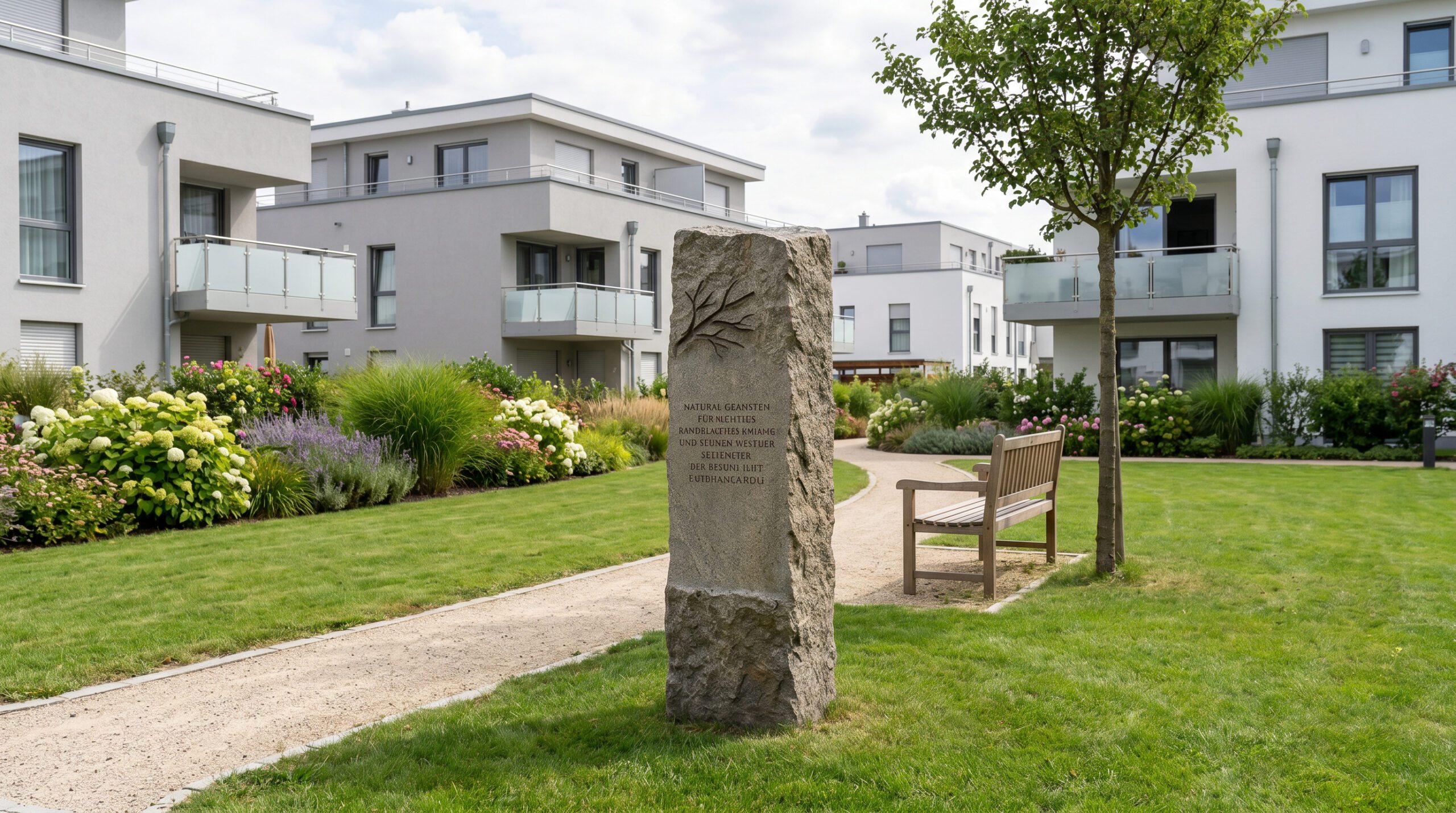 Künstlerischer Gedenkstein aus Naturstein in einem gepflegten Ziergarten vor einem modernen Mehrfamilienhaus.