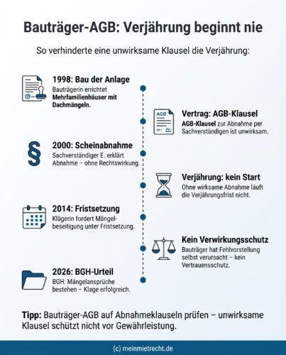 Infografik: Ein Zeitstrahl verdeutlicht, wie eine unwirksame AGB-Abnahmeklausel den Beginn der Verjährung für Baumängel über Jahrzehnte verhindert und warum Bauträger keinen Vertrauensschutz genießen.