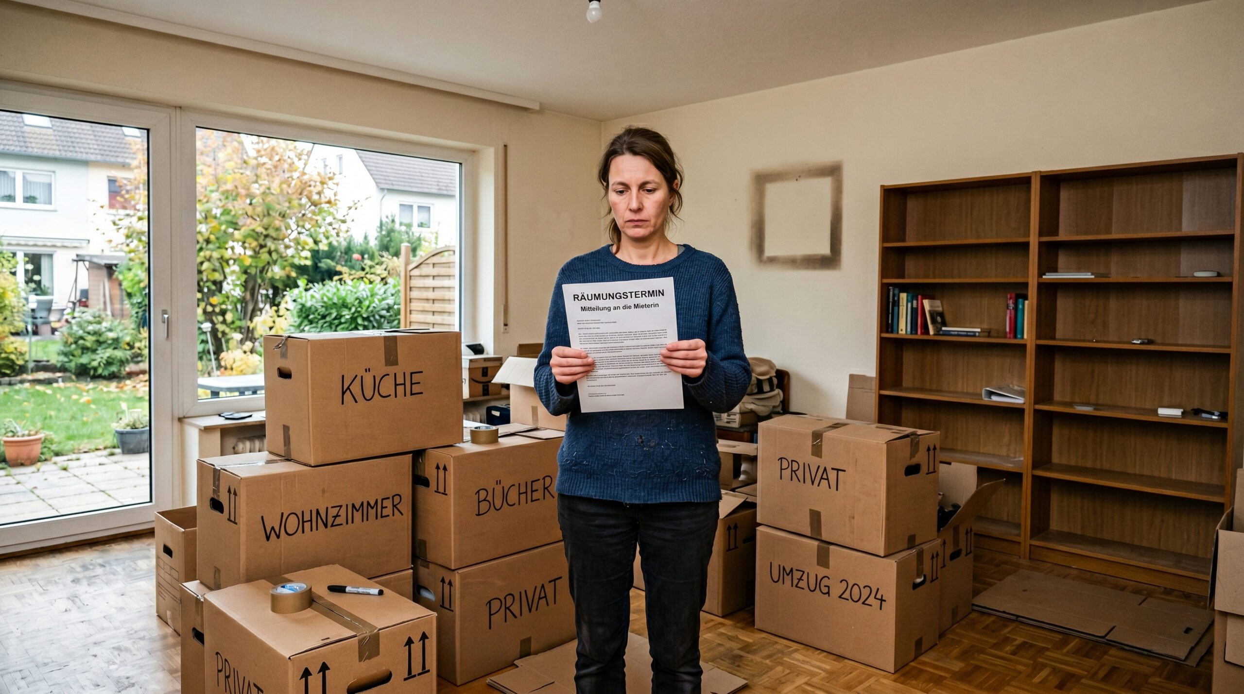 Frau im Wohnzimmer zwischen Umzugskartons, hält Brief mit Aufschrift Räumungstermin, Blick in den Garten.