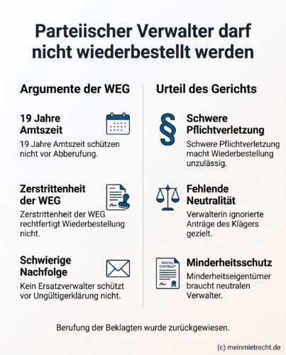 Infografik: Ein Hausverwalter, der die Anträge eines Eigentümers gezielt ignoriert, während er andere berücksichtigt, handelt parteiisch und darf trotz langer Amtszeit oder schwieriger Nachfolgersuche nicht wiederbestellt werden.