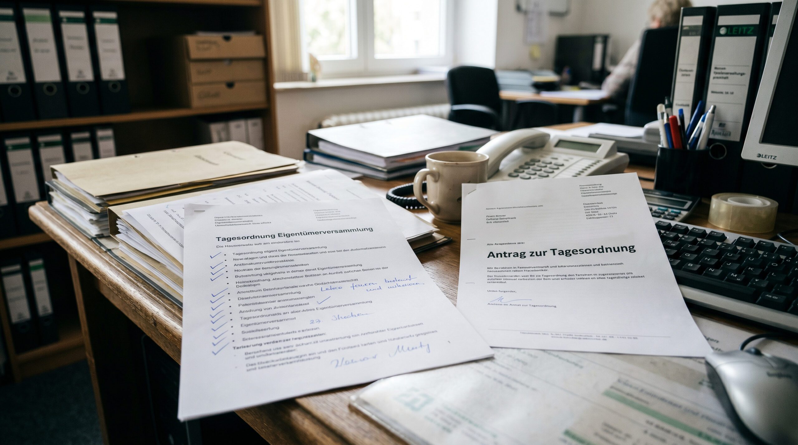 Offizielle Tagesordnung einer Eigentümerversammlung neben einem ignorierten Antragsschreiben auf einem Schreibtisch.