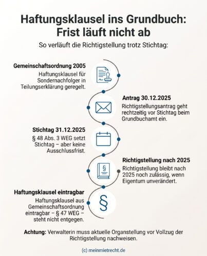 Infografik: Der Stichtag 31.12.2025 für die Grundbuch-Richtigstellung von Haftungsklauseln ist keine Ausschlussfrist; Anträge sind auch danach zulässig.