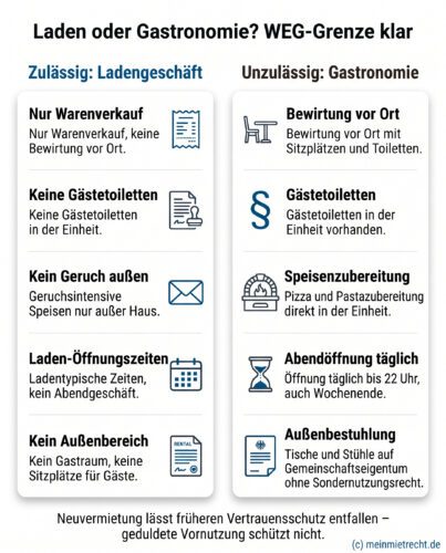 Infografik: Abgrenzung zwischen einem zulässigen Ladengeschäft und einer unzulässigen Gastronomie in einer WEG anhand von Merkmalen wie Bewirtung, Toiletten, Geruch und Öffnungszeiten.