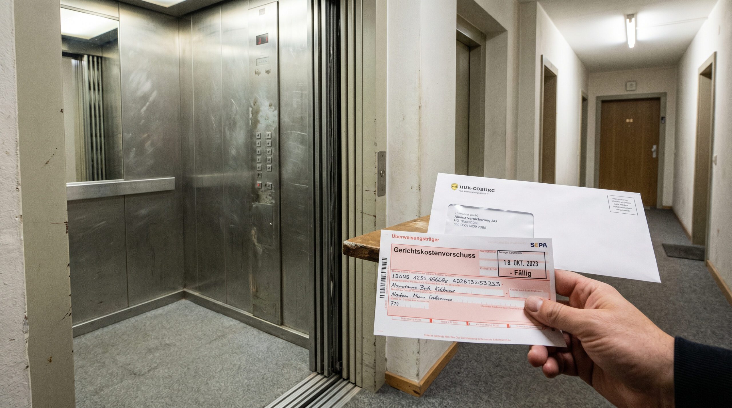 Ein alter Aufzug in einem Wohnhaus und eine Hand, die einen markierten Gerichtskostenbeleg vor einem Briefumschlag hält.