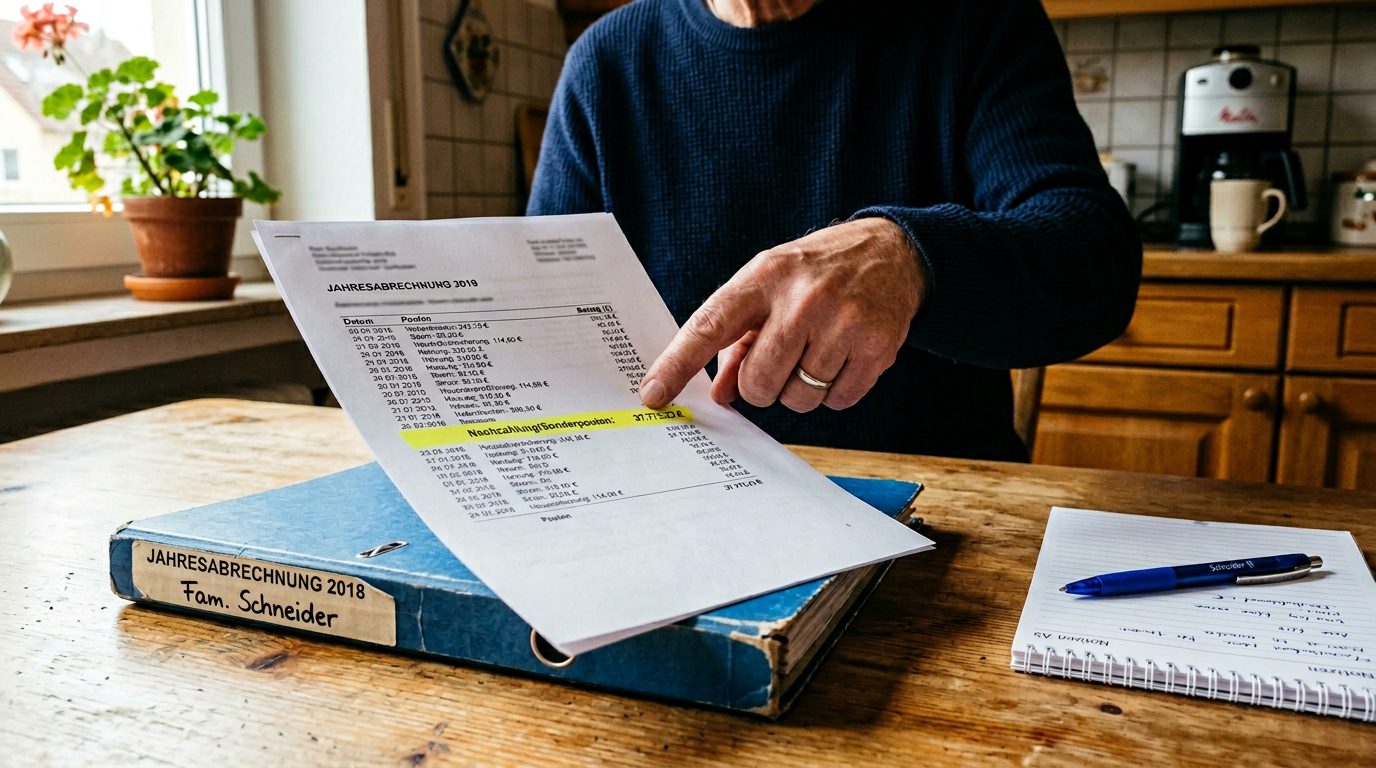 Hand deutet auf eine Abrechnungsliste mit einem auffällig hohen Betrag neben einem Ordner in einer Privatwohnung.