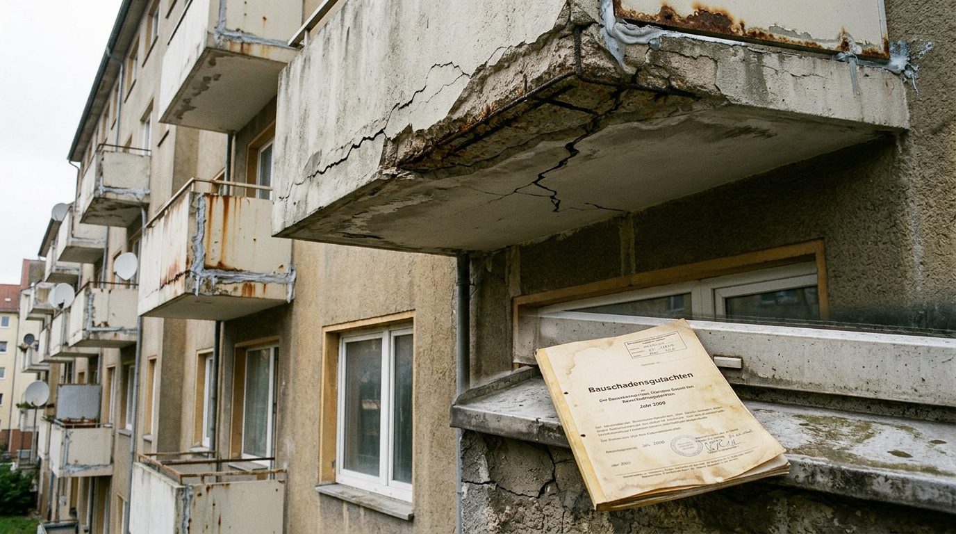 Massiver Betonschaden an einem Balkon mit rostender Bewehrung und einem vergilbten Gutachten auf der Fensterbank.