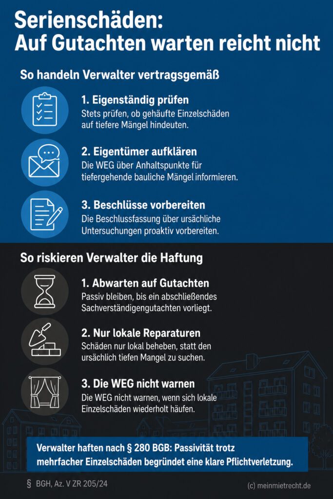 Infografik (Do's und Don'ts): Verwalterpflichten bei Serienschäden. Proaktiv prüfen statt auf Gutachten zu warten.
