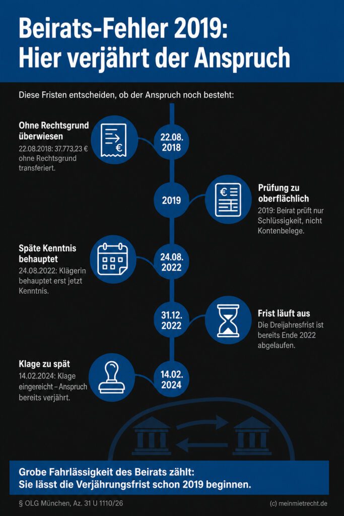 Infografik (Zeitstrahl): 5 Fristen 2018–2024 zeigen, warum Beirats-Fehler 2019 den Anspruch verjähren lässt