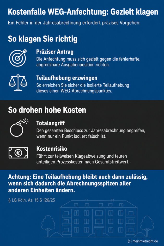 Infografik (Do's und Don'ts): Richtig klagen bei WEG-Abrechnungsfehler vs. Kostenrisiko bei Totalanfechtung.
